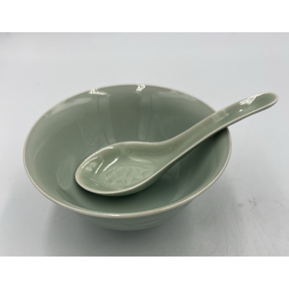 Chinese Celadon Green Goldfish Koi Rice/Soup Bowl & Spoon | Marked